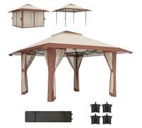Outsunny Tonnelle Pliante 4 x 4 m, parois en Filet et Protection UV50+, Barnum avec Hauteur réglable et Double Toit, Tente de réception avec Sac de Transport à roulettes et 4 Sacs de lestage, Beige