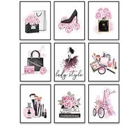 Outus 9 Pièces Arts Murals Modernes Femmes Affiches Murales Chambre Rose | Décorations Murales de Parfum Sacs à Main Talons Hauts, pour Décorations de Salon, Chambre Maison, Sans Cadre