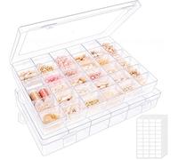 OUTUXED Lot de 2 boîtes de rangement en plastique transparent à 36 compartiments avec séparateurs réglables pour perles, loisirs créatifs, bijoux, pêche avec 5 feuilles d'autocollants