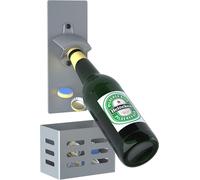 Ouvre-bouteille magnétique mural gris avec réceptacle en acier au carbone Idéal pour la cuisine et le bar Cadeau de bière pour les hommes