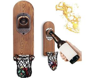 Ouvre-bouteille mural Unyqoos® avec collecteur de capsules en couronne, fixation magnétique, base en bois épais et alliage de zinc – style rétro, idéal pour l'intérieur et l'extérieur