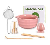 Ouxayapl Matcha kit Débutant - Coffret Rose 6 Pièces : Bol à Matcha, Fouet (Chasen), Support, Cuillère, Filtre, Chashaku- Pour Préparer un Latte ou S'initier à la Cérémonie du Thé (rose)