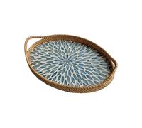 Oval Rattan Serving Tray, Mother of Pearl Inlay, Handles for Coffee Table | Wavensylvo Hand-woven wicker structure, sturdy wooden base, raised edge, suits cafe, indoor home decor settings