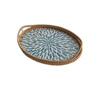 Oval Rattan Serving Tray, Mother of Pearl Inlay, Handles for Coffee Table | Wavensylvo Hand-woven wicker structure, sturdy wooden base, raised edge, suits cafe, indoor home decor settings