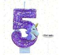 Ovanda Bougie 5 ans pour fille - Décoration de gâteau licorne - Bougie d'anniversaire 3D arc-en-ciel - Bougies chiffres 5 violettes - Cadeau pour fille de 5 ans - Décoration d'anniversaire d'enfant