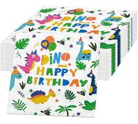 Ovanda Dino Lot de 20 serviettes en papier Happy Birthday - 33 x 33 cm - Décoration d'anniversaire pour anniversaire d'enfant - Décoration de fête dinosaure pour garçons et filles - Décoration de