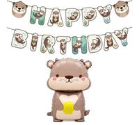 Ovanda Kit de décoration d'anniversaire loutre - Guirlande Happy Birthday et ballon en aluminium de 68 x 40 cm - Pour anniversaire d'enfant, fête d'animaux, fête prénatale, coin photo, table et