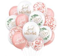 Ovanda Lot de 24 ballons décoratifs de mariage, Just Married - Blanc et rose transparent - Avec confettis - Cœurs - Eucalyptus - Pour décoration de bureau de poste, demande en mariage, fiançailles