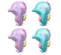 Ovanda Lot de 4 ballons en aluminium motif hippocampe de mer - Violet et turquoise - Décoration pour anniversaire d'enfant - Sirène - Décoration de fête océan pour fille