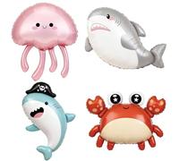 Ovanda Lot de 4 ballons océan en aluminium avec méduse, requin, requin pirate et crabe, décoration du monde marin pour anniversaire d'enfant, fête sous-marine, fête prénatale, coin photo, décoration