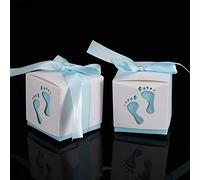 OVAQUIXI Coffret Cadeau de Boîte à Bonbons de Mariage, Boîte à Bonbons en Papier Empreinte de bébé 50 Pièces avec Ruban pour Cadeaux et Fêtes de Naissance (BLUE)