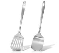 OVBOVA Lot de 2 spatules plates et fendues en acier inoxydable, adaptées aux poêles antiadhésives, passent au lave-vaisselle, faciles à nettoyer, pour cuisine, barbecue et camping