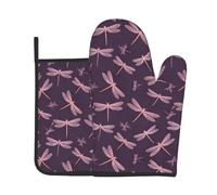 Oven Mitts and Potholders Fleur Libellules Insecte Violet Cooking Gloves | Oven Gloves & Hot Pads Résistants Chaleur Antidérapants Kitchen Mittens Pour Micro-Ondes Grillage Barbecue