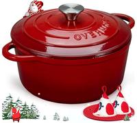 Overmont cocotte en fonte 26cm - Emaille cocotte avec couvercle adapté au four en rouge
