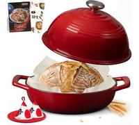 Overmont Cocotte en Fonte Émaillée à Pain - 5,7 L Faitout avec Couvercle et Livre de Recettes - Cuisson du Pain, Tous Feux, Induction - Four, Mijoter, Rôtir - Rouge Brique