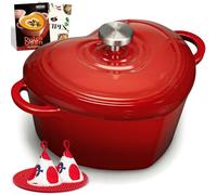 OVERMONT Cocotte Cœur en Fonte Émaillée, 1,9 L, Rouge Brique | Avec couvercle et livre de recettes; idéale pour cuire, mijoter et rôtir; cadeau élégant pour mariage et fêtes.