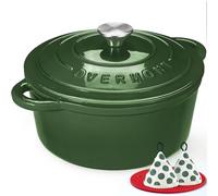 Overmont Cocotte en Fonte Émaillée 24 cm 4,3 L, Four Hollandais Rond avec Couvercle et Maniques, Tous Feux Dont Induction et Four, pour Pain, Ragoûts, Mijotés et Rôtis, Vert Brillant