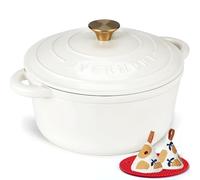 Overmont Cocotte en Fonte Émaillée 24 cm 4,3 L, Four Hollandais Rond avec Couvercle et Maniques, Tous Feux Dont Induction et Four, pour Pain, Ragoûts, Mijotés et Rôtis, Blanc Perle