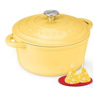 Overmont Cocotte en Fonte Émaillée 26 cm 5,2 L, Four Hollandais Rond avec Couvercle et Maniques, Tous Feux Dont Induction et Four, pour Pain, Ragoûts, Mijotés et Rôtis, Jaune Oie