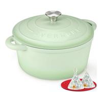 Overmont Cocotte en Fonte Émaillée 26 cm 5,2 L, Four Hollandais Rond avec Couvercle et Maniques, Tous Feux Dont Induction et Four, pour Pain, Ragoûts, Mijotés et Rôtis, Vert Sauge
