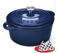 Overmont Cocotte en Fonte Émaillée 26 cm 5,2 L, Four Hollandais Rond avec Couvercle et Maniques, Tous Feux Dont Induction et Four, pour Pain, Ragoûts, Mijotés et Rôtis, Bleu Indigo
