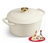Overmont Cocotte en Fonte Émaillée - Ø26 cm Casserole Antiadhésive Avec Couvercle et Maniques en Coton - Batterie de Cuisine Robuste pour Braiser Ragoûts Rôtir Pain - Cream