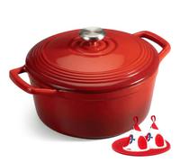 Overmont cocotte en fonte 26cm - Emaille cocotte avec couvercle adapté au four en rouge