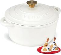 Overmont Cocotte en Fonte Émaillée - Ø26 cm Casserole Antiadhésive Avec Couvercle et Maniques en Coton - Batterie de Cuisine Robuste pour Braiser Ragoûts Rôtir Pain - Perle blanche