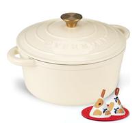 Overmont Cocotte en Fonte Émaillée - Ø24 cm Casserole Antiadhésive Avec Couvercle et Maniques en Coton - Batterie de Cuisine Robuste pour Braiser Ragoûts Rôtir Pain - Cream