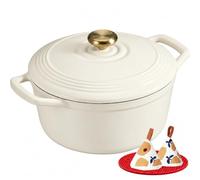 Overmont Cocotte en Fonte Émaillée - Ø24 cm Casserole Antiadhésive Avec Couvercle et Maniques en Coton - Batterie de Cuisine Robuste pour Braiser Ragoûts Rôtir Pain - Cream