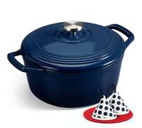 Overmont Cocotte Ronde en Fonte Émaillée 24 cm 4,3 L,Bleu Indigo Dégradé | Pour 4 à 6 personnes, avec couvercle et protège-poignées en coton, tous feux dont induction et four, pour pain et mijotés