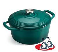 Overmont Cocotte en Fonte Émaillée - Ø24 cm Casserole Antiadhésive Avec Couvercle et Maniques en Coton - Batterie de Cuisine Robuste pour Braiser Ragoûts Rôtir Pain - Vert bouteille