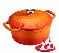 Overmont Cocotte Ronde en Fonte Émaillée 24 cm 4,3 L,Orange Dégradé | Pour 3 à 5 personnes, avec couvercle et protège-poignées en coton, tous feux dont induction et four, pour pain et mijotés