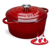 Overmont Cocotte en Fonte Émaillée 24 cm 4,3 L, Four Hollandais Rond avec Couvercle et Maniques, Tous Feux Dont Induction et Four, pour Pain, Ragoûts, Mijotés et Rôtis, Rouge