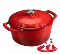 Overmont Cocotte Ronde en Fonte Émaillée 24 cm 4,3 L,Rouge Dégradé | Pour 3 à 5 personnes, avec couvercle et protège-poignées en coton, tous feux dont induction et four, pour pain et mijotés