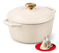 Overmont Cocotte Ronde en Fonte Émaillée 26 cm 5,2 L,Blanc Crème