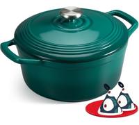 Overmont Cocotte en Fonte Émaillée - Ø26 cm Casserole Antiadhésive Avec Couvercle et Maniques en Coton - Batterie de Cuisine Robuste pour Braiser Ragoûts Rôtir Pain - Vert bouteille