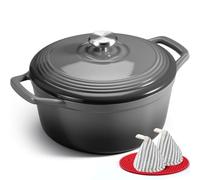 Overmont Cocotte Ronde en Fonte Émaillée 26 cm 5,2 L,Gris Dégradé | Pour 4 à 6 personnes, avec couvercle et protège-poignées en coton, tous feux dont induction et four, pour pain et mijotés