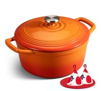 Overmont Cocotte Ronde en Fonte Émaillée 26 cm 5,2 L, Orange Dégradé | Pour 4 à 6 personnes, avec couvercle et protège-poignées en coton, tous feux dont induction et four, pour pain et mijotés