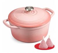 Overmont Cocotte Ronde en Fonte Émaillée 26 cm 5,2 L,Rose Dégradé | Pour 4 à 6 personnes, avec couvercle et protège-poignées en coton, tous feux dont induction et four, pour pain et mijotés