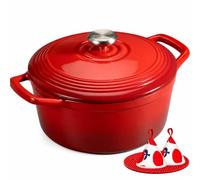 Overmont Cocotte Ronde en Fonte Émaillée 26 cm 5,2 L, Rouge Dégradé | Pour 4 à 6 personnes, avec couvercle et protège-poignées en coton, tous feux dont induction et four, pour pain et mijotés