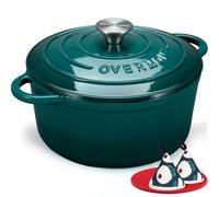 Overmont Cocotte Ronde en Fonte Émaillée 28 cm 6,6 L,Bleu Lac Dégradé | Pour 6 à 8 personnes, avec couvercle et protège-poignées en coton, tous feux dont induction et four, pour pain et mijotés