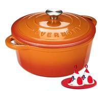 Overmont Cocotte Ronde en Fonte Émaillée 28 cm 6,6 L,Orange Dégradé | Pour 6 à 8 personnes, avec couvercle et protège-poignées en coton, tous feux dont induction et four, pour pain et mijotés