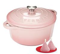 Overmont Cocotte Ronde en Fonte Émaillée 28 cm 6,6 L,Rose Dégradé | Pour 6 à 8 personnes, avec couvercle et protège-poignées en coton, tous feux dont induction et four, pour pain et mijotés