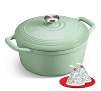 Overmont Cocotte Ronde en Fonte Émaillée 28 cm 6,6 L,Vert Sauge Dégradé | Pour 6 à 8 personnes, avec couvercle et protège-poignées en coton, tous feux dont induction et four, pour pain et mijotés