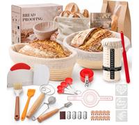 Overmont Kit Levain 21 Pièces avec Bannetons Rond 23 et Ovale 25 cm | Avec 2 bannetons, bocal à levain 710 ml, fouet, grignette, cornes, tapis de transfert et sacs à pain - idéal pour débuter