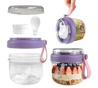 Overnight Oats Jar, Pot Overnight Oat Verre, Bocal Salade Jar avec Bac à Sauce et Cuillère, Bol Muesli à Emporter pour Conserver l’Avoine, le Yaourt, les Fruits, le Petit-Déjeuner, 650 ml, Violet
