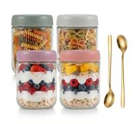 Overnight Oats Lot de 4 bocaux en verre de 500 ml - Bocaux anti-fuite avec couvercle à visser et anneau en silicone - Idéal comme conteneur à emporter, yaourt à emporter, pots de conservation pour