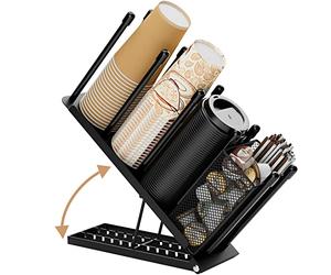 Ovicar Porte-gobelet et couvercle - Porte-gobelet réglable à 4 compartiments jetables avec panier en maille pour rangement de dosettes de café en métal (noir)