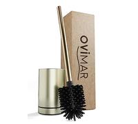 Ovimar Brosse de toilette ROMO Or | Brosse de toilette en silicone | Fonction de ventilation | Autoportante | Tête de brosse WC en acier inoxydable interchangeable | Plateau de goutte amovible |
